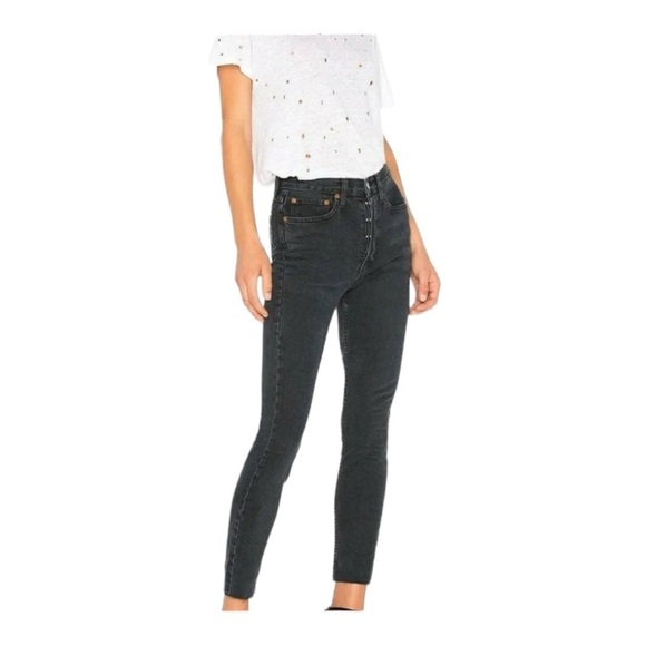 Re/Done 90s High Rise Ankle Crop Slim Fit Jeans in Faded Black unfinished hem - Picture 9 of 9